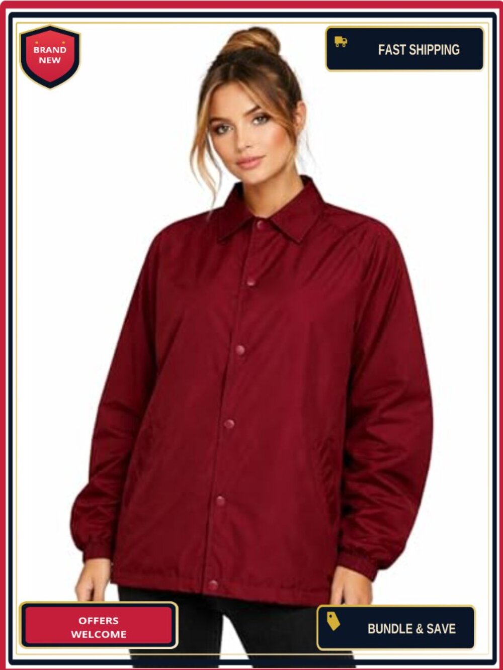 VOS Sports Unisex Water-Resistant Nylon Windbreaker Coaches Jacket Snap Closure